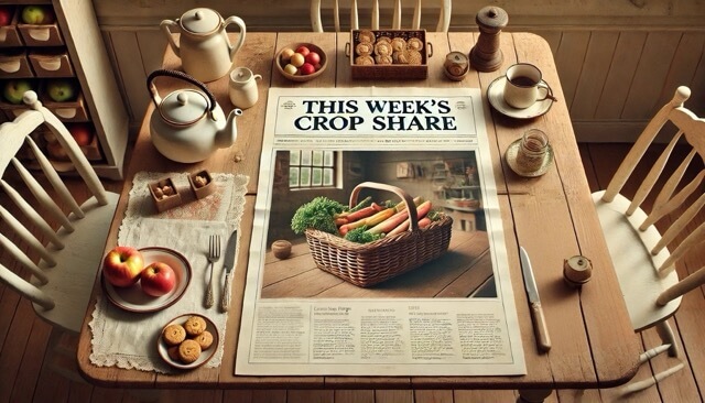 a breakfast table with a newsletter titled this week's crop share