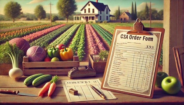 a CSA order form with a farm in the background