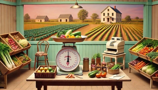 a table with cash register and a scale weighing vegetables